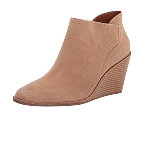 Lucky Brand Macawi Wedge Bootie Tan Leather Ankle Boots Coastal Cowgirl Boho - Picture 1 of 10